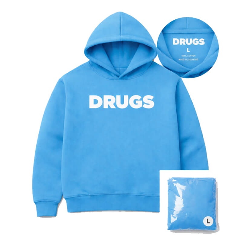 DRUGS hoodie flat lay embroidered logo detail
